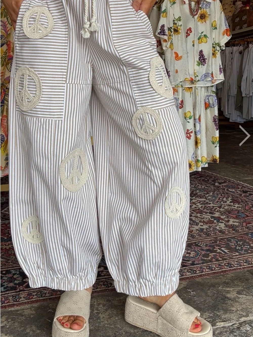 DAVI & DANI Taupe and White Striped Wide-Leg Peace Patch Pants